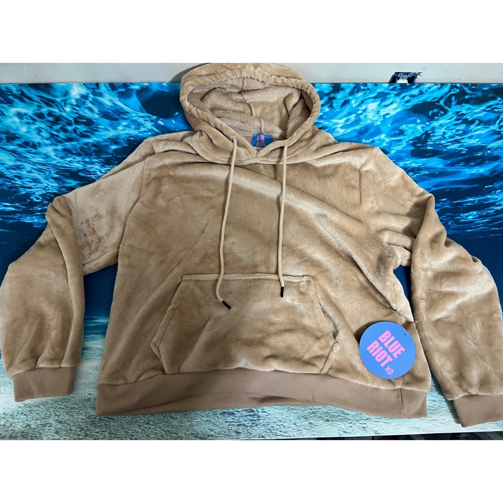 Blue Riot xo Tan Faux Fur Plush Hoodie Sweatshirt Kangaroo Pocket Size 2XL NWT